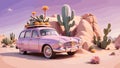 A cute pink car in a desert in a pastel-themed illustration background