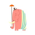 Cute pink cartoon elephant girl with umbrella and hat. Jungle animal colorful character vector Illustration Royalty Free Stock Photo