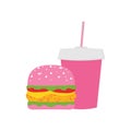 Cute pink cartoon style cheeseburger and soft drink in plastic cup, fast food delievery illustration