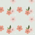 Cute Pink Cherry blossom illustration in Seamless Pattern with pokka-dot on blue background