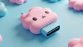 Cute pink cloud-shaped USB drive with a blue connector for digital storage. Features a kawaii face, ideal for technology Royalty Free Stock Photo
