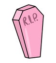 Cute pink coffin vector icon. Creepy halloween sticker in flat style.