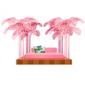 Cute pink color bed with decor form of a frame of stems of trees with soft pillow isolated on white background. Vector