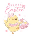 Cute Pink Coquette Easter Chick Cartoon, sweet Retro Happy Easter spring animal Hand Drawing