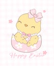 Cute Pink Coquette Easter Chick Cartoon, sweet Retro Happy Easter spring animal Hand Drawing Royalty Free Stock Photo