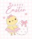 Cute Pink Coquette Easter Chick Cartoon, sweet Retro Happy Easter spring animal Hand Drawing Royalty Free Stock Photo