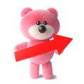 Cute pink cuddly teddy bear with fluffy fur holding a red arrow, 3d illustration