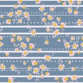 Cute pink daisies ditsy on striped blue fabric vector seamless repeating pattern print design background