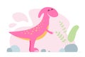 Cute pink dino. Kind smiling baby dinosaur parasaurolophus. Cartoon baby graphic design print banner. Creative girlish
