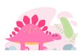 Cute pink dino. Kind smiling baby dinosaur stegosaurus. Cartoon baby graphic design print banner. Creative girlish