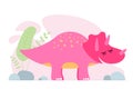 Cute pink dino. Kind smiling baby dinosaur triceratops. Cartoon baby graphic design print banner. Creative girlish