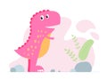 Cute pink dino. Kind smiling baby dinosaur tyrannosaurus. Cartoon baby graphic design print banner. Vector illustration