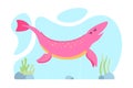 Cute pink dino. Kind smiling ichthyosaur dinosaur character. Cartoon large extinct marine ancient reptile. Creative