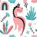 Cute pink dino princess seamless vector pattern with rainbow, star, floral, flower, leaves. Cool kid nursery print Royalty Free Stock Photo