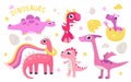 Cute pink dinosaur set, adorable dino characters for childish collection of kindergarten