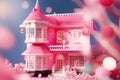 Cute pink dollhouse. Stylish home for a doll. Generative Ai