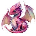 Cute pink dragon sitting isolated on white. Watercolor style iilustration, Generative AI Royalty Free Stock Photo