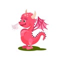 Cute pink dragon with steam from the nose. Mythical creature with small wings, horns and long tail. Flat vector icon Royalty Free Stock Photo