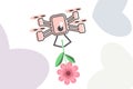 Cute Pink Drone With a Flowering Spring Wild Flower and Heart Shaped Bubbles on the White Background Royalty Free Stock Photo
