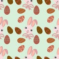 Cute pink Easter bunnies with big bows and colorful patterned eggs Royalty Free Stock Photo