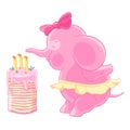 Cute pink elephant girl with bow and the skirt blows out candles on a birthday cake. Makes a wish.