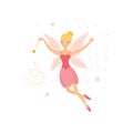 Cute pink fairy in flight with a magic wand
