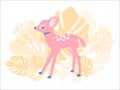 Cute pink fawn in the forest, illustration for children, postcards, girls, cute animals.