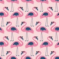 Cute pink flamingo with black sunglasses hand drawn vector illustration. Funny tropical bird seamless pattern for kids. Royalty Free Stock Photo