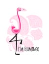Cute pink flamingo on floral background, sketch for your design Royalty Free Stock Photo