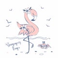 Cute pink flamingo on the sea beach. Vector Royalty Free Stock Photo