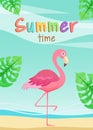 Cute pink flamingo standing on the beach. Colorful banner flyer in cartoon style. Summer concept. Vector illustration vertical Royalty Free Stock Photo