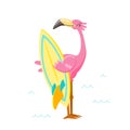 Cute Pink Flamingo with Surf Board on Beach. Cartoon Character on Summer Vacation. Kawaii Personage Summertime Royalty Free Stock Photo