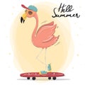 a cute pink flamingo wear cap and sun glasses skateboarding, summer time character vector