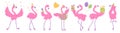 Cute pink flamingos celebrating birthday. African bird characters cartoon flat illustration isolated on white background Royalty Free Stock Photo