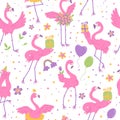 Cute pink flamingos celebrating birthday seamless pattern. African bird characters cartoon flat illustration on white Royalty Free Stock Photo