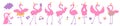 Cute pink flamingos princesses with crown on the head and different emotions. African bird characters cartoon flat illustration