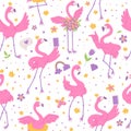 Cute pink flamingos princesses with crown on the head seamless pattern. African bird characters cartoon flat Royalty Free Stock Photo