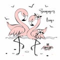 Cute pink flamingos on the sea beach. Summer time. Vector. Royalty Free Stock Photo