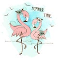 Cute pink flamingos on the sea beach. Summer time. Vector Royalty Free Stock Photo