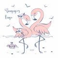 Cute pink flamingos on the sea beach. Summer time. Vector. Royalty Free Stock Photo