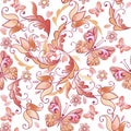 Cute pink floral seamless pattern with butterflies and hearts. Vector floral seamless pattern for greeting cards, invitations