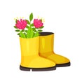 Cute pink flowers in bright yellow rubber boot. Beautiful floral composition. Spring season. Flat vector design