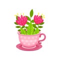 Cute pink flowers and green leaves in cup on saucer. Spring composition. Botanical composition. Flat vector design Royalty Free Stock Photo