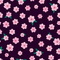 Cute pink flowers seamless pattern. Vector endless dark red background with Sakura blossom. Spring design with flat floral Royalty Free Stock Photo