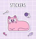 A cute pink fluffy cat is lying down. Sticker of a cat with toys on a checkered background. Label Sticker.