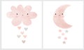Cute Pink Fluffy Smiling Cloud with Hanging Hearts and Loveli New Monn with Little Stars. Royalty Free Stock Photo
