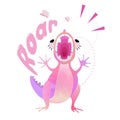 Cute pink funny Dinosaur girl with lettering Roar. Vector EPS 10