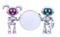 Cute pink girl and blue boy robots hold blank circle sign 3D Royalty Free Stock Photo