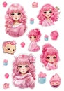 Cute pink girl with flowers and ice cream sticker set