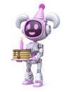 Cute pink girl robot with birthday cap and cake 3D Royalty Free Stock Photo